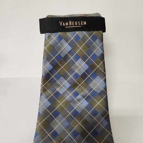 Van Heusen Silk Tie NWT Green & Blue Plaid Stain Resistant - Picture 2 of 5